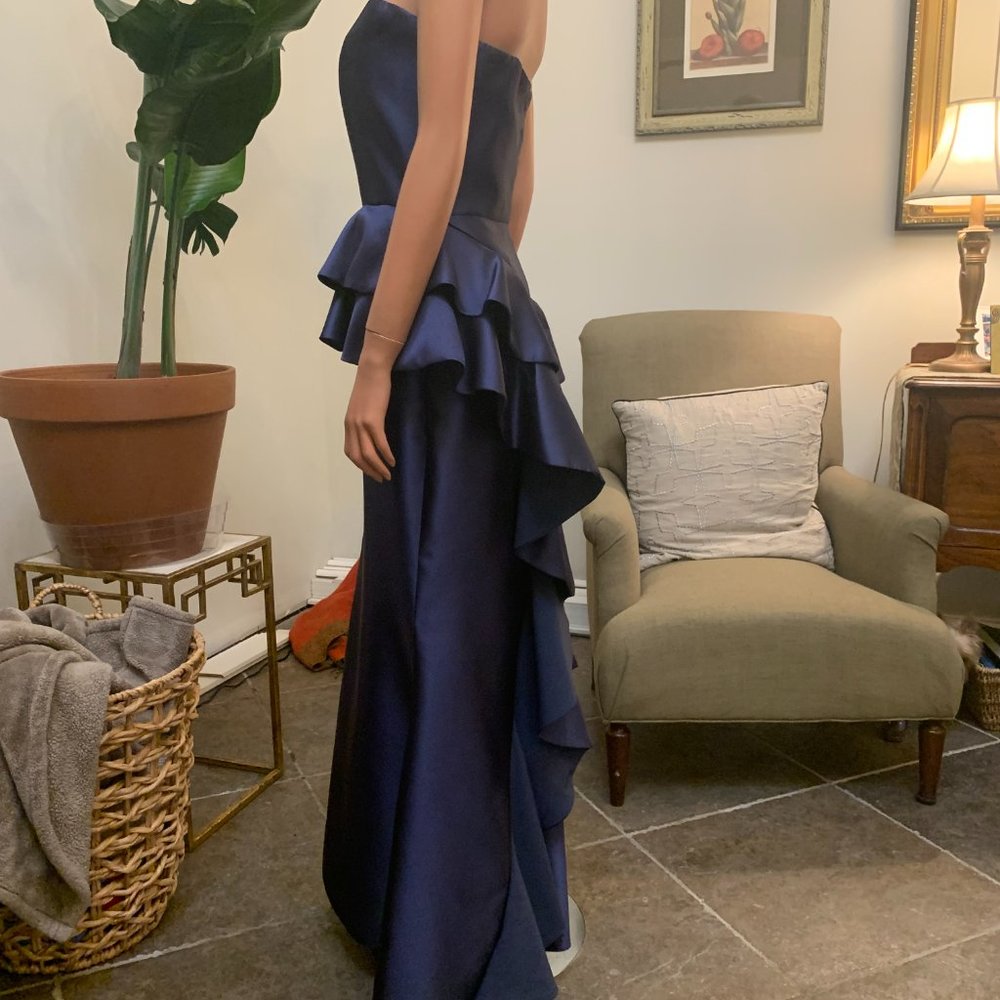 Deep blue evening gown - sleeveless with ruffled peplum and train